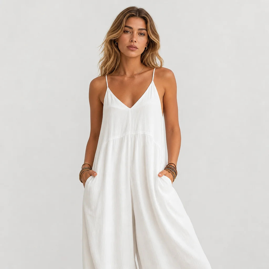Women's Breathable Cotton-Linen Blend Jumpsuit | Casual Loose-Fit White Summer Outfit 1