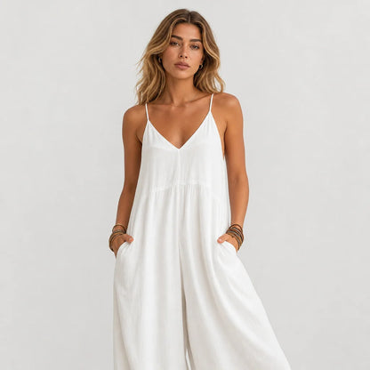 Women's Breathable Cotton-Linen Blend Jumpsuit | Casual Loose-Fit White Summer Outfit 1