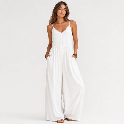 Women's Breathable Cotton-Linen Blend Jumpsuit | Casual Loose-Fit White Summer Outfit 2