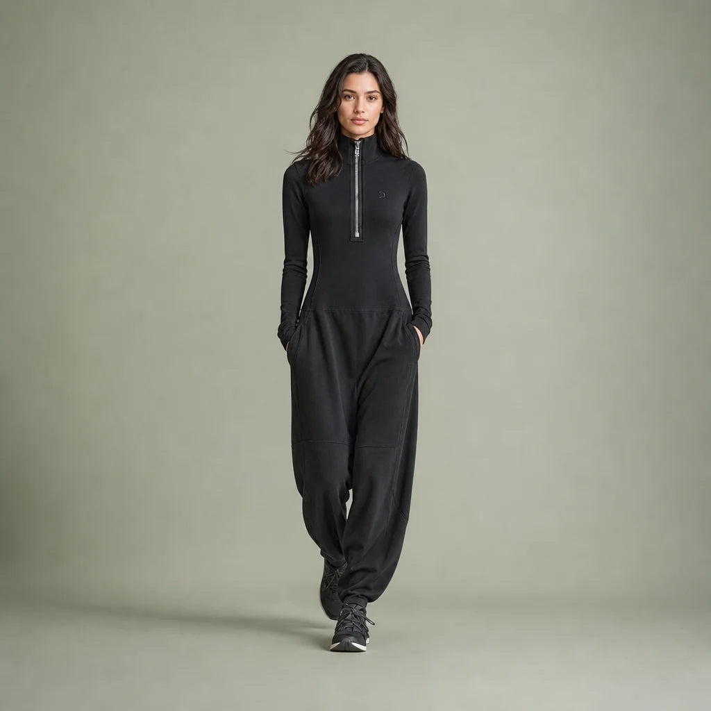 Women's Breathable Cotton Blend Maxi Dress | Sporty Half-High Collar Zipper Design 0