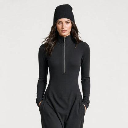 Women's Breathable Cotton Blend Maxi Dress | Sporty Half-High Collar Zipper Design 1