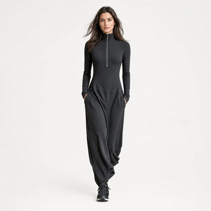 Women's Breathable Cotton Blend Maxi Dress | Sporty Half-High Collar Zipper Design 3