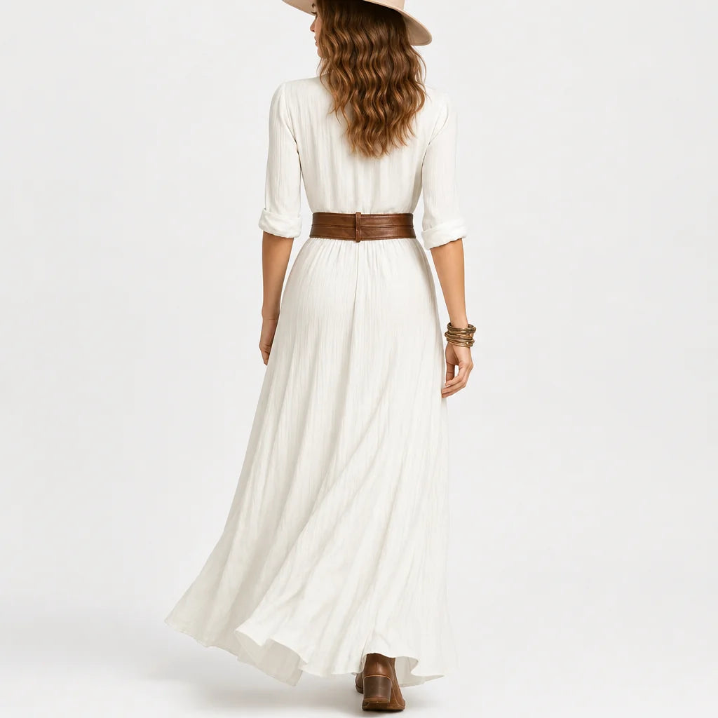Women's Breathable Imitation Cotton Maxi Dress | Elegant Pleated Long Sleeve Summer Dress 4