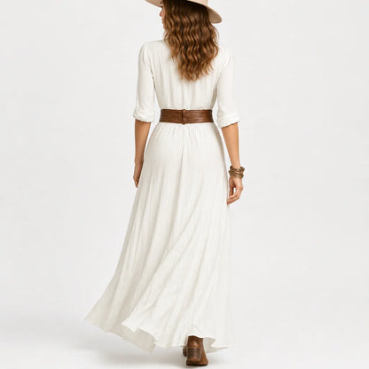 Women's Breathable Imitation Cotton Maxi Dress | Elegant Pleated Long Sleeve Summer Dress 4