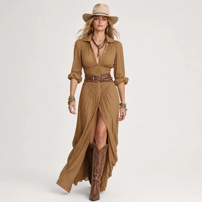 Women's Breathable Imitation Cotton Maxi Dress | Elegant Pleated Long Sleeve Summer Dress 7