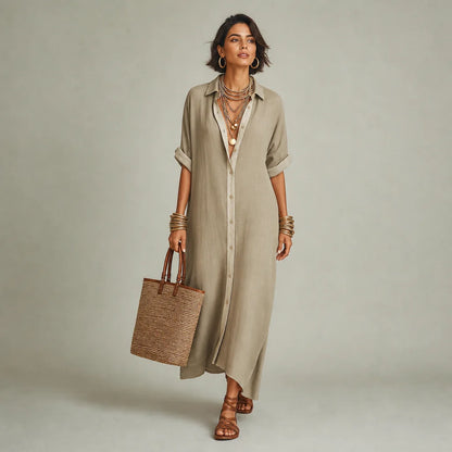 Women's Breathable Linen Blend Maxi Dress | Classic Short-Sleeve Summer Dress 0