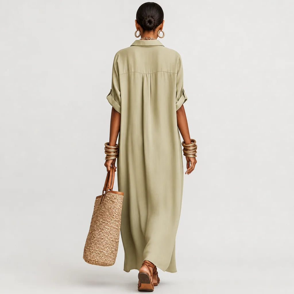 Women's Breathable Linen Blend Maxi Dress | Classic Short-Sleeve Summer Dress 1