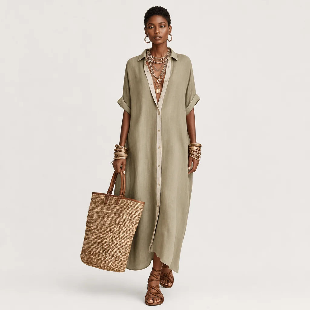 Women's Breathable Linen Blend Maxi Dress | Classic Short-Sleeve Summer Dress 4