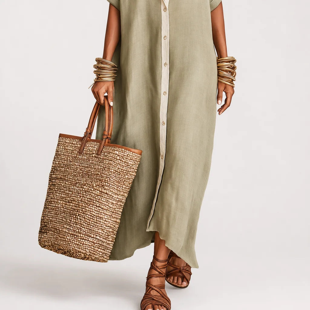 Women's Breathable Linen Blend Maxi Dress | Classic Short-Sleeve Summer Dress 6