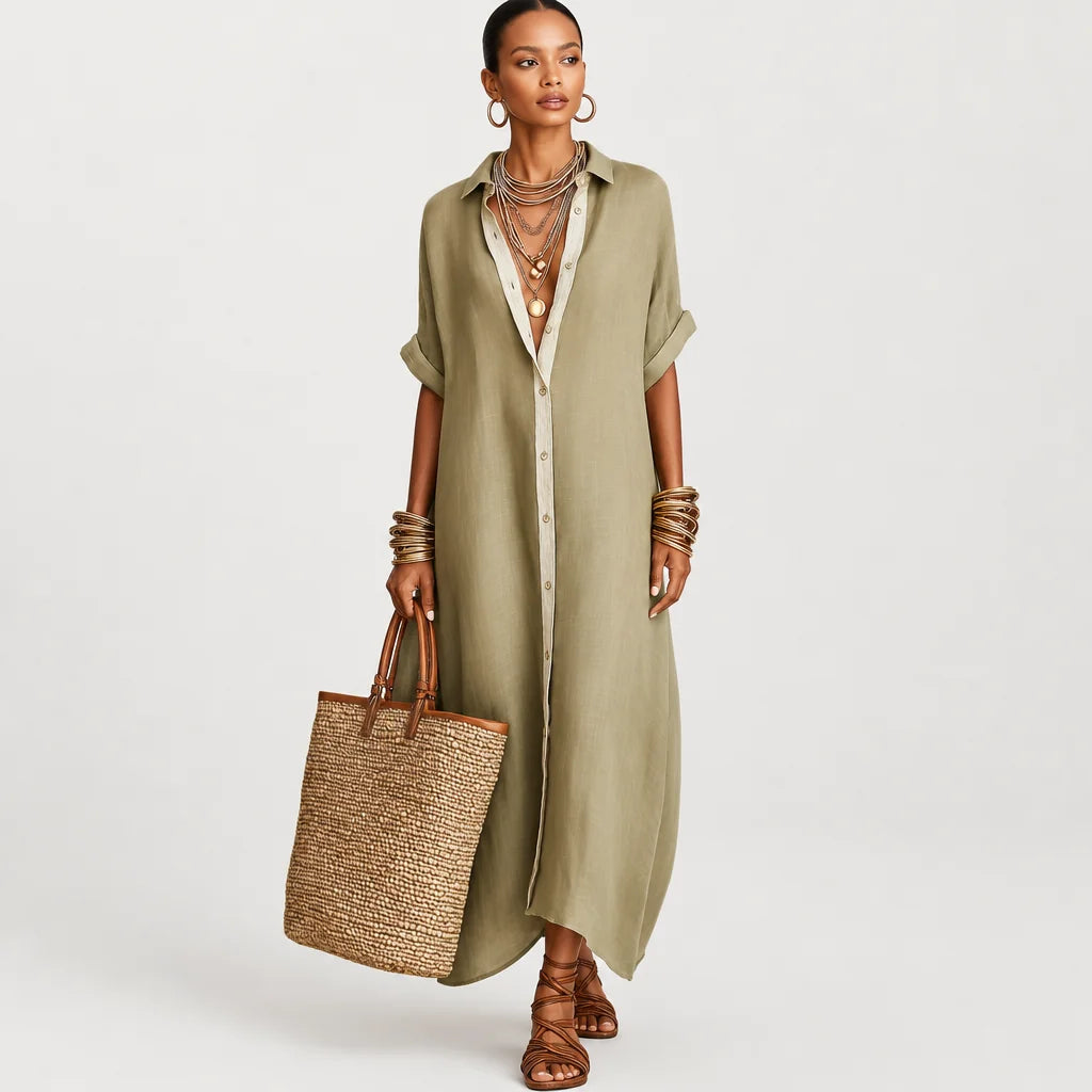 Women's Breathable Linen Blend Maxi Dress | Classic Short-Sleeve Summer Dress 7