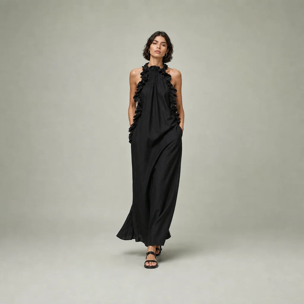 Women's Breathable Linen Blend Maxi Dress | Elegant Sleeveless Ruffle Summer Dress 0