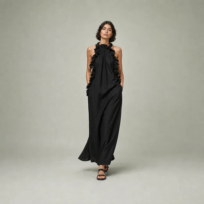 Women's Breathable Linen Blend Maxi Dress | Elegant Sleeveless Ruffle Summer Dress 0