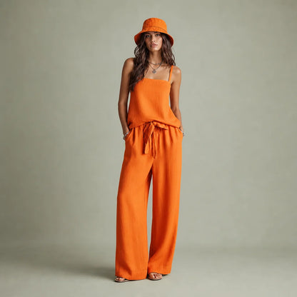 Women's Breezy Linen Two-Piece Set | Stylish Square Neck Cami Top & Relaxed Wide-Leg Pants 0