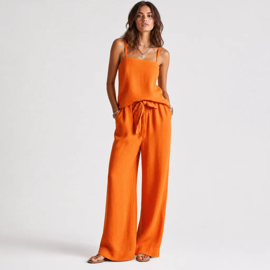 Women's Breezy Linen Two-Piece Set | Stylish Square Neck Cami Top & Relaxed Wide-Leg Pants 1