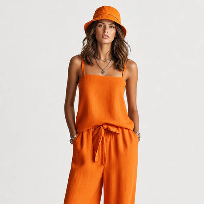 Women's Breezy Linen Two-Piece Set | Stylish Square Neck Cami Top & Relaxed Wide-Leg Pants 2