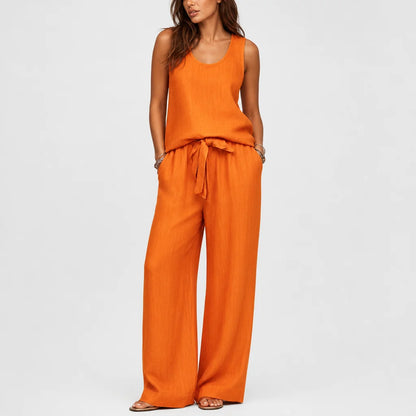 Women's Breezy Linen Two-Piece Set | Stylish Square Neck Cami Top & Relaxed Wide-Leg Pants 3
