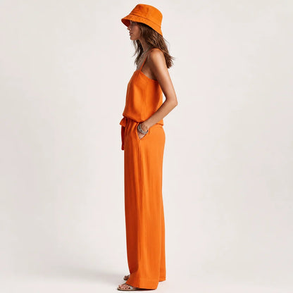 Women's Breezy Linen Two-Piece Set | Stylish Square Neck Cami Top & Relaxed Wide-Leg Pants 4