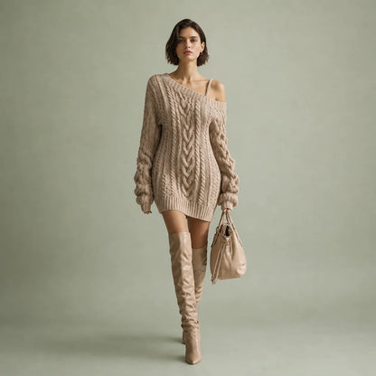 Women's Cable Knit Off-the-Shoulder Mini Dress | Chic Beige Summer Dress 0