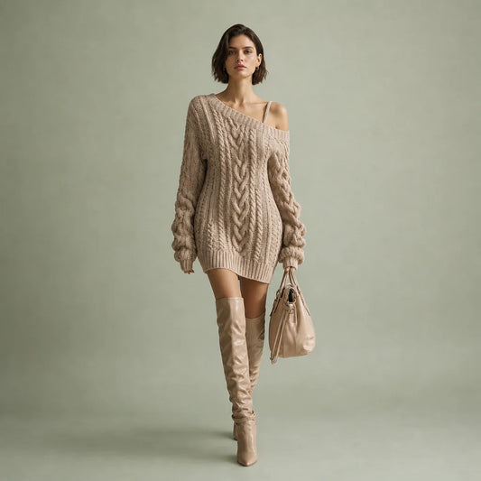 Women's Cable Knit Off-the-Shoulder Mini Dress | Chic Beige Summer Dress 0