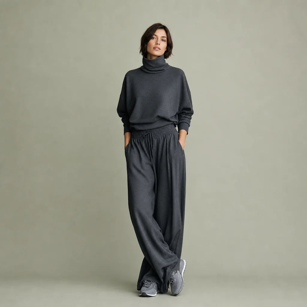 Women's Charcoal Knit Two-Piece Set | Cozy Oversized Turtleneck Top & Flowy Wide-Leg Pants 0