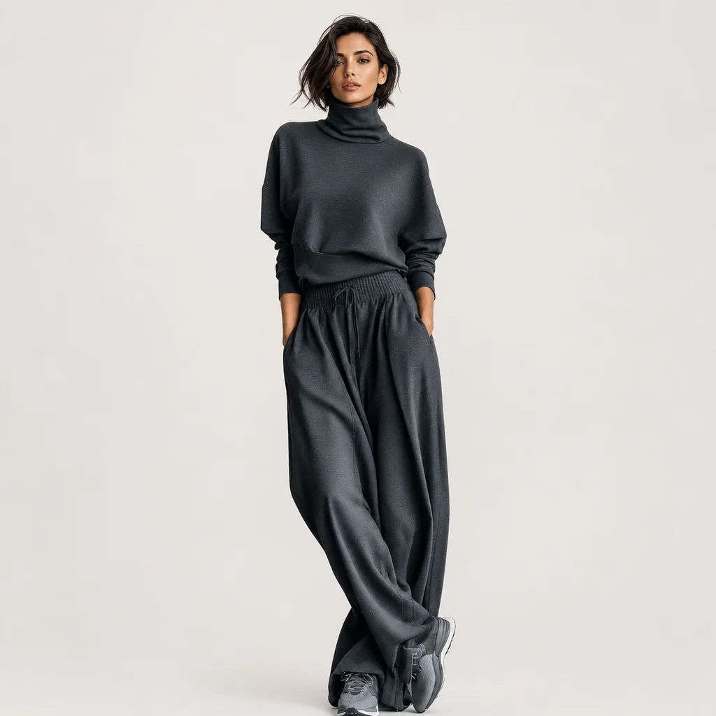 Women's Charcoal Knit Two-Piece Set | Cozy Oversized Turtleneck Top & Flowy Wide-Leg Pants 1