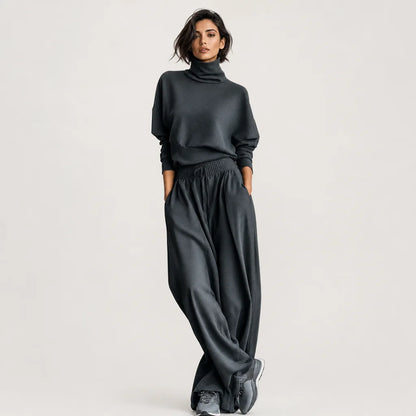 Women's Charcoal Knit Two-Piece Set | Cozy Oversized Turtleneck Top & Flowy Wide-Leg Pants 1