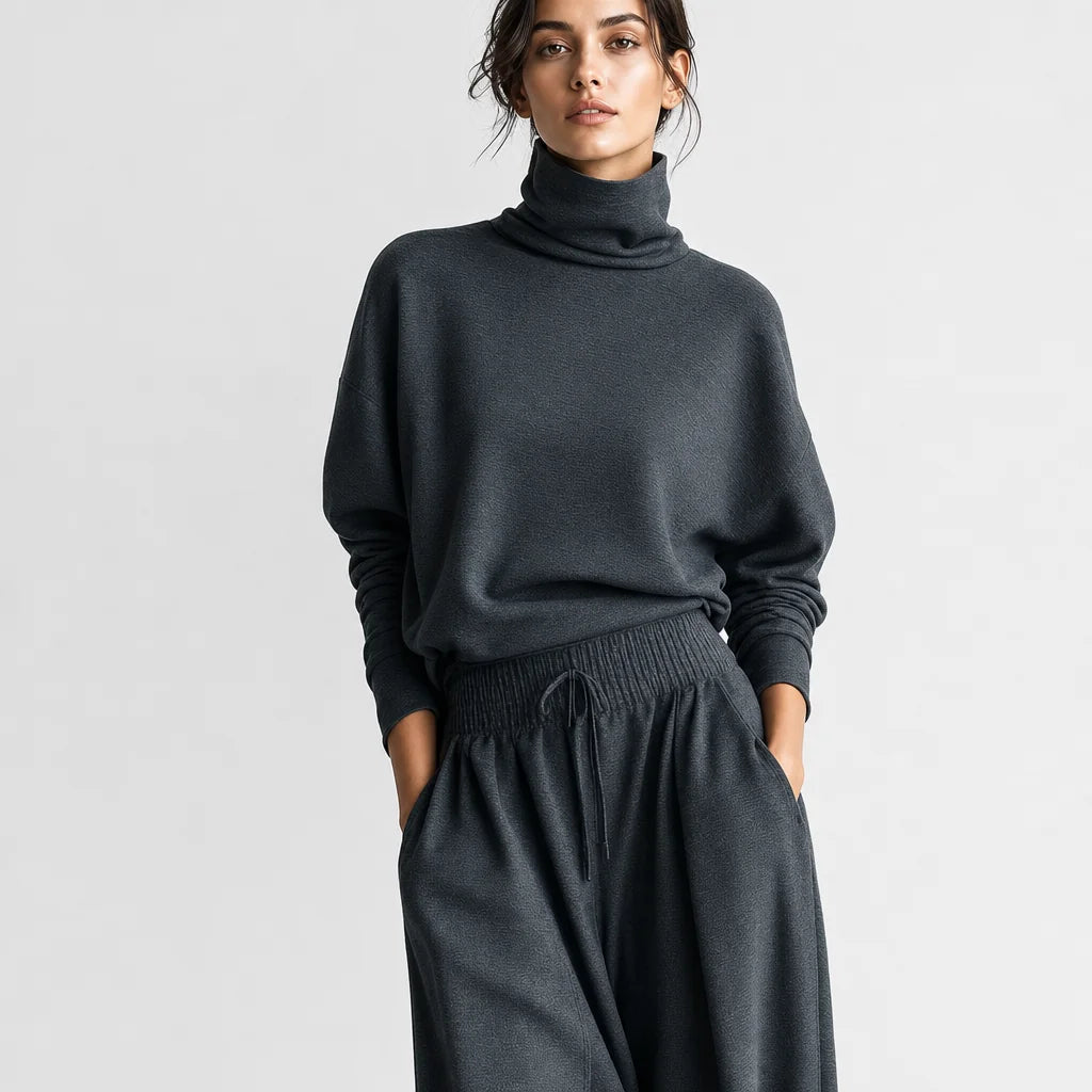 Women's Charcoal Knit Two-Piece Set | Cozy Oversized Turtleneck Top & Flowy Wide-Leg Pants 2