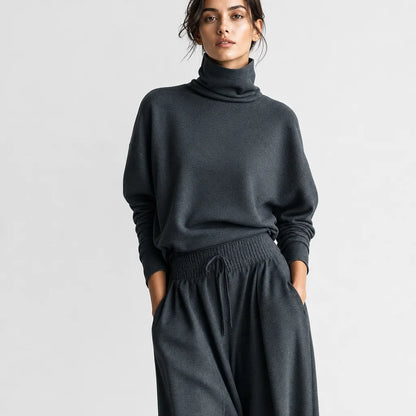 Women's Charcoal Knit Two-Piece Set | Cozy Oversized Turtleneck Top & Flowy Wide-Leg Pants 2