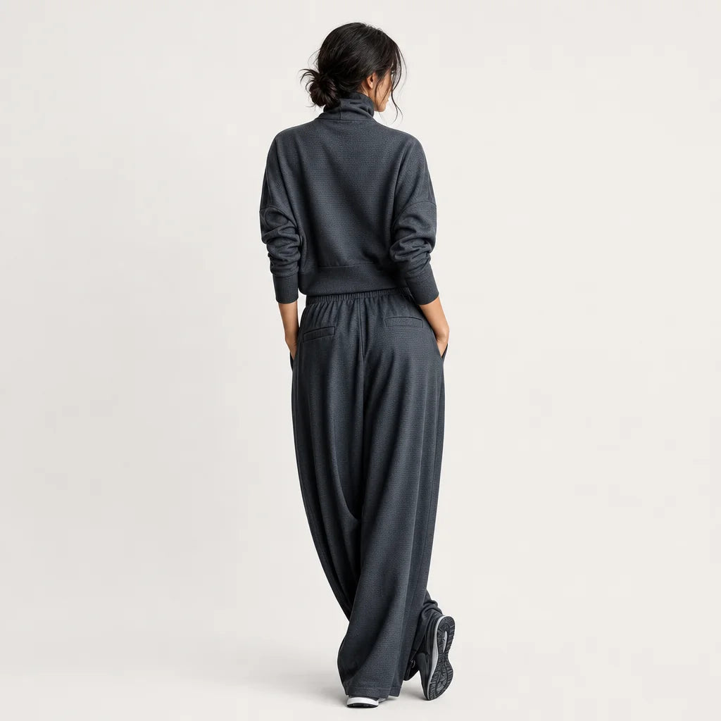 Women's Charcoal Knit Two-Piece Set | Cozy Oversized Turtleneck Top & Flowy Wide-Leg Pants 4