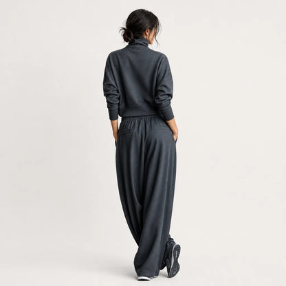 Women's Charcoal Knit Two-Piece Set | Cozy Oversized Turtleneck Top & Flowy Wide-Leg Pants 4