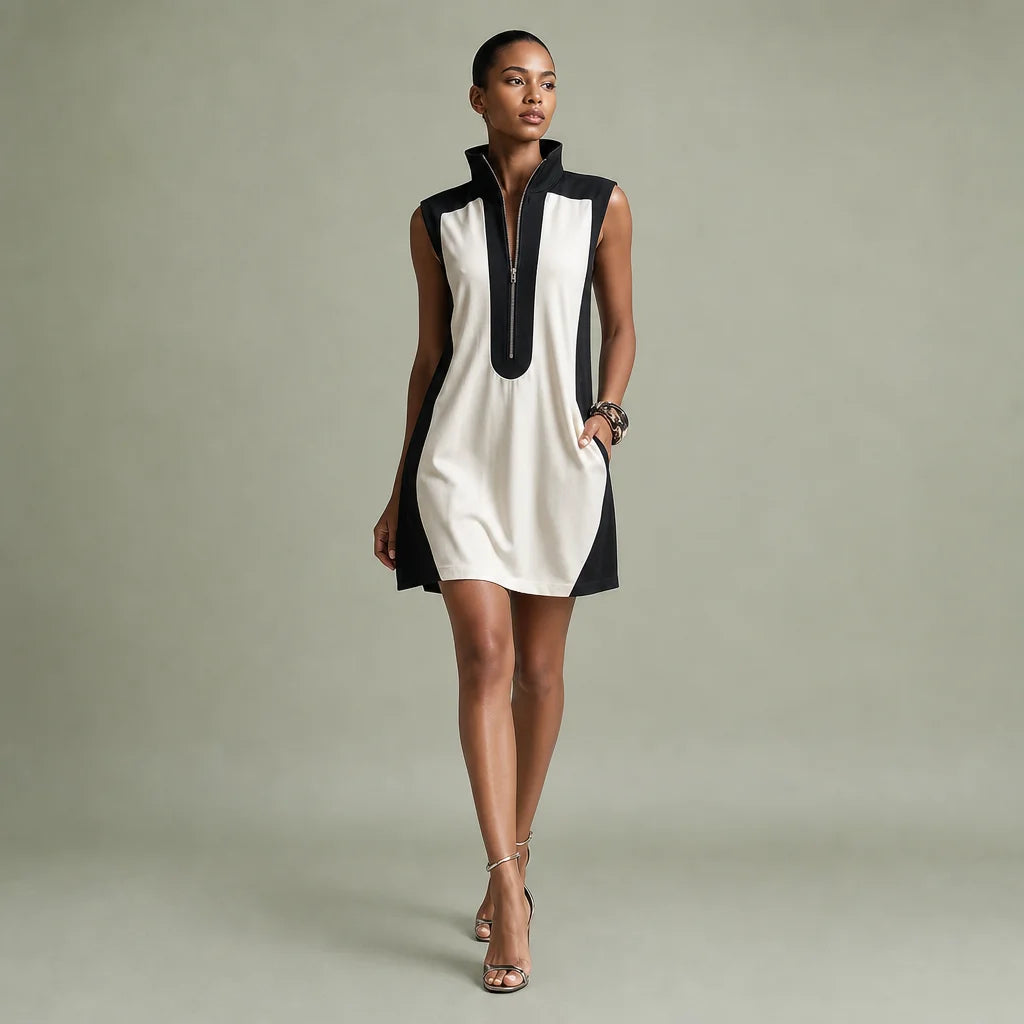 Women's Color-Block Mini Dress | Stylish Cream and Black Summer Cocktail Dress 0