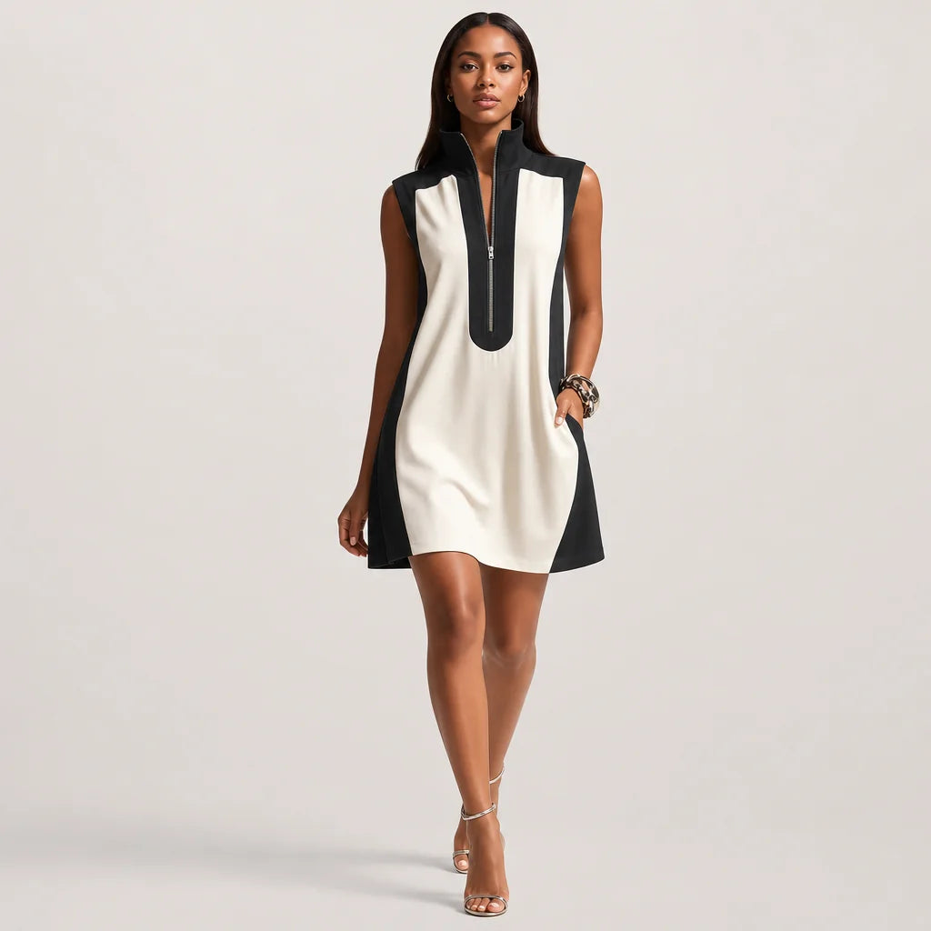 Women's Color-Block Mini Dress | Stylish Cream and Black Summer Cocktail Dress 1