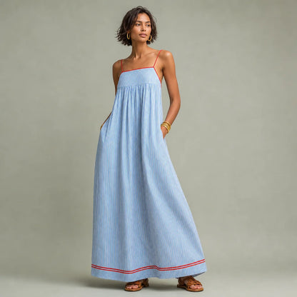 Women's Comfortable Striped Maxi Dress | Elegant Spaghetti Strap Summer Dress 0