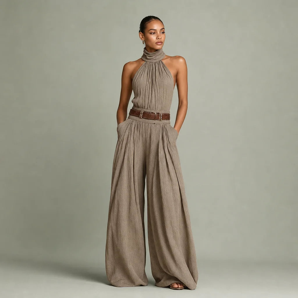 Women's Cotton-Blend Jumpsuit | Elegant Halter Neck Wide-Leg Design 0