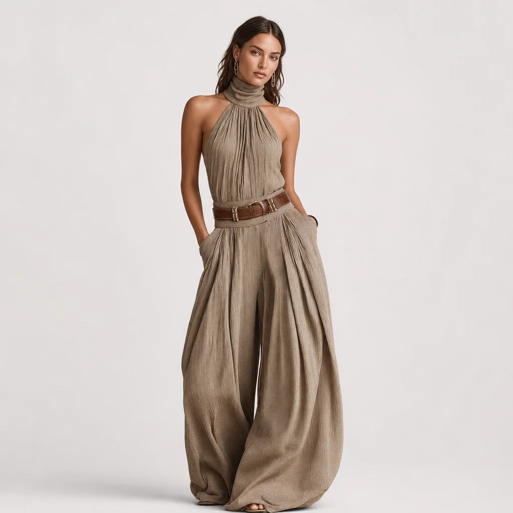 Women's Cotton-Blend Jumpsuit | Elegant Halter Neck Wide-Leg Design 1