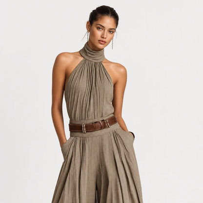 Women's Cotton-Blend Jumpsuit | Elegant Halter Neck Wide-Leg Design 2