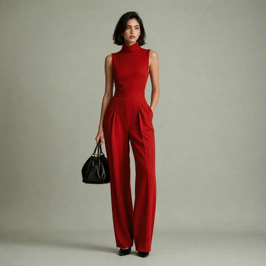 Women's Cotton-Linen Blend Jumpsuit | Elegant Sleeveless Turtleneck Wide-Leg Design 0