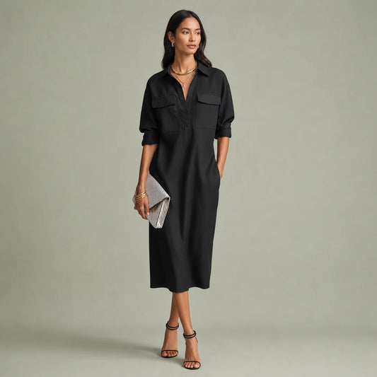 Women's Cotton-Linen Blend Midi Dress | Elegant Short-Sleeved Black Summer Dress 0
