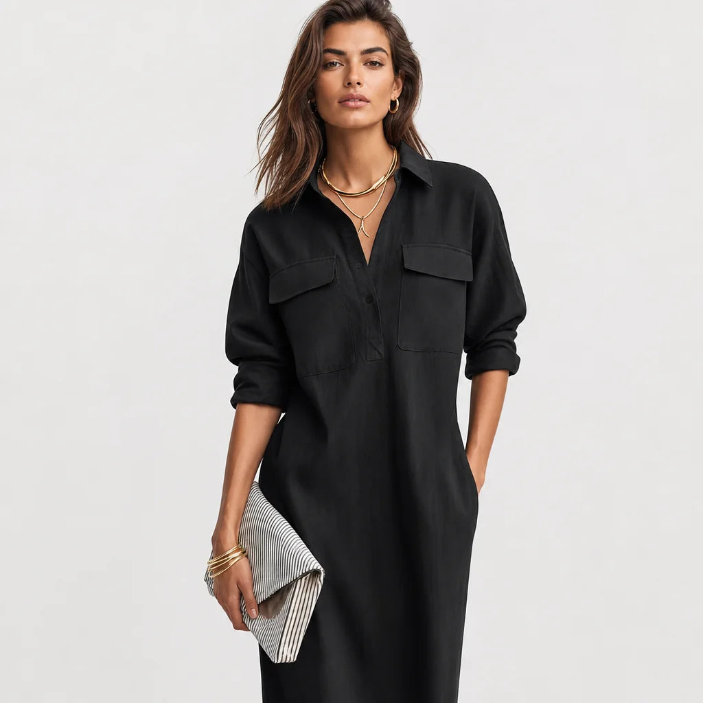 Women's Cotton-Linen Blend Midi Dress | Elegant Short-Sleeved Black Summer Dress 1