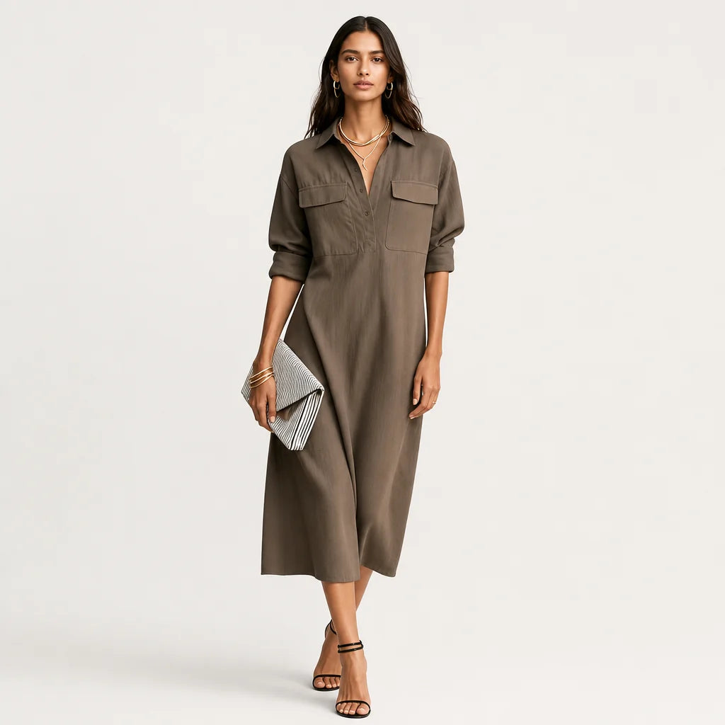 Women's Cotton-Linen Blend Midi Dress | Elegant Short-Sleeved Black Summer Dress 2