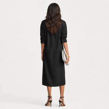 Women's Cotton-Linen Blend Midi Dress | Elegant Short-Sleeved Black Summer Dress 3