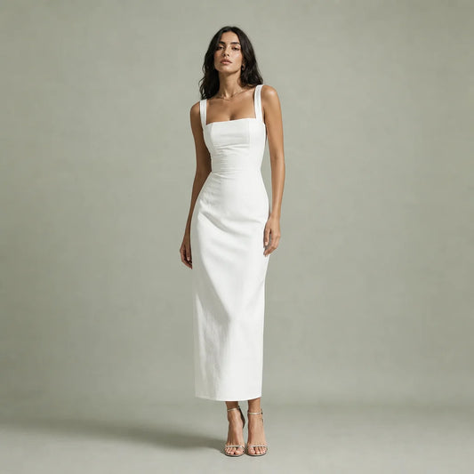 Women's Cotton-Linen Blend Midi Dress | Elegant Sleeveless Summer Dress 0