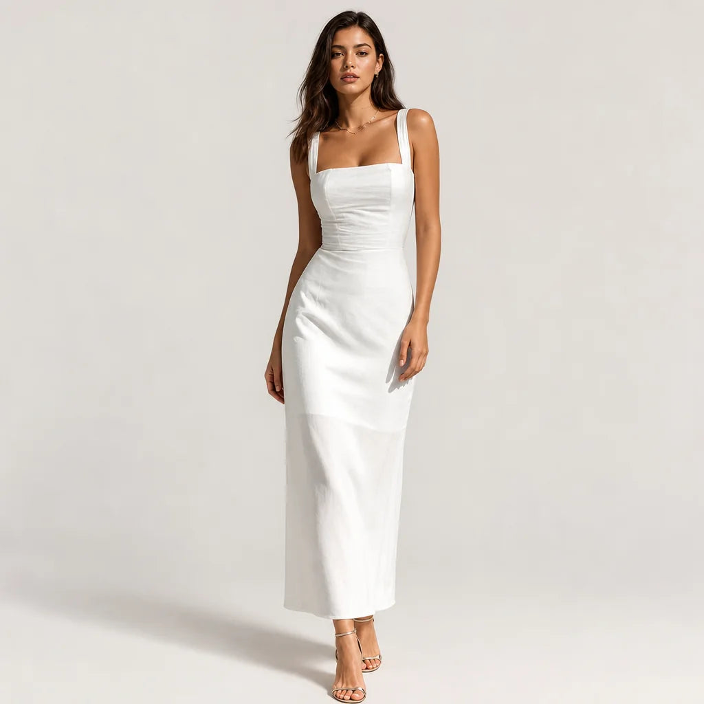 Women's Cotton-Linen Blend Midi Dress | Elegant Sleeveless Summer Dress 1