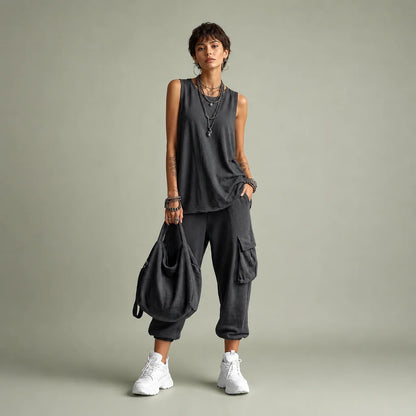 Women's Cotton Blend Casual Two Piece Set | Relaxed Sleeveless Top and Jogger Pants 0