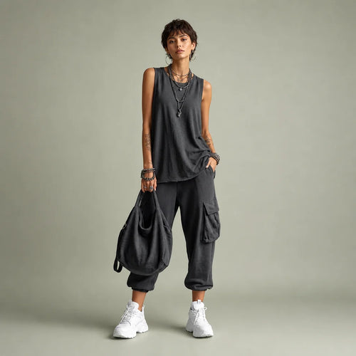Women's Cotton Blend Casual Two Piece Set | Relaxed Sleeveless Top and Jogger Pants 0