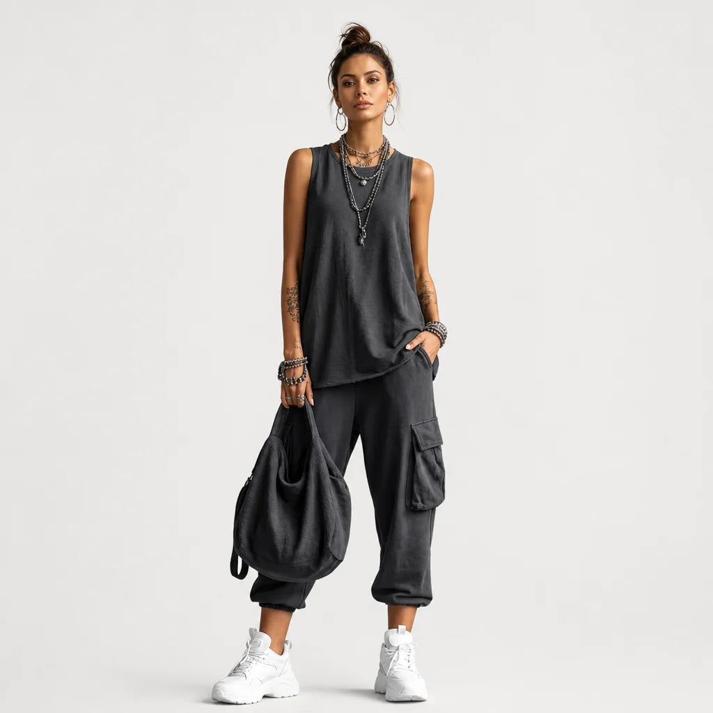 Women's Cotton Blend Casual Two Piece Set | Relaxed Sleeveless Top and Jogger Pants 1