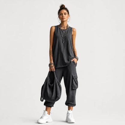 Women's Cotton Blend Casual Two Piece Set | Relaxed Sleeveless Top and Jogger Pants 1