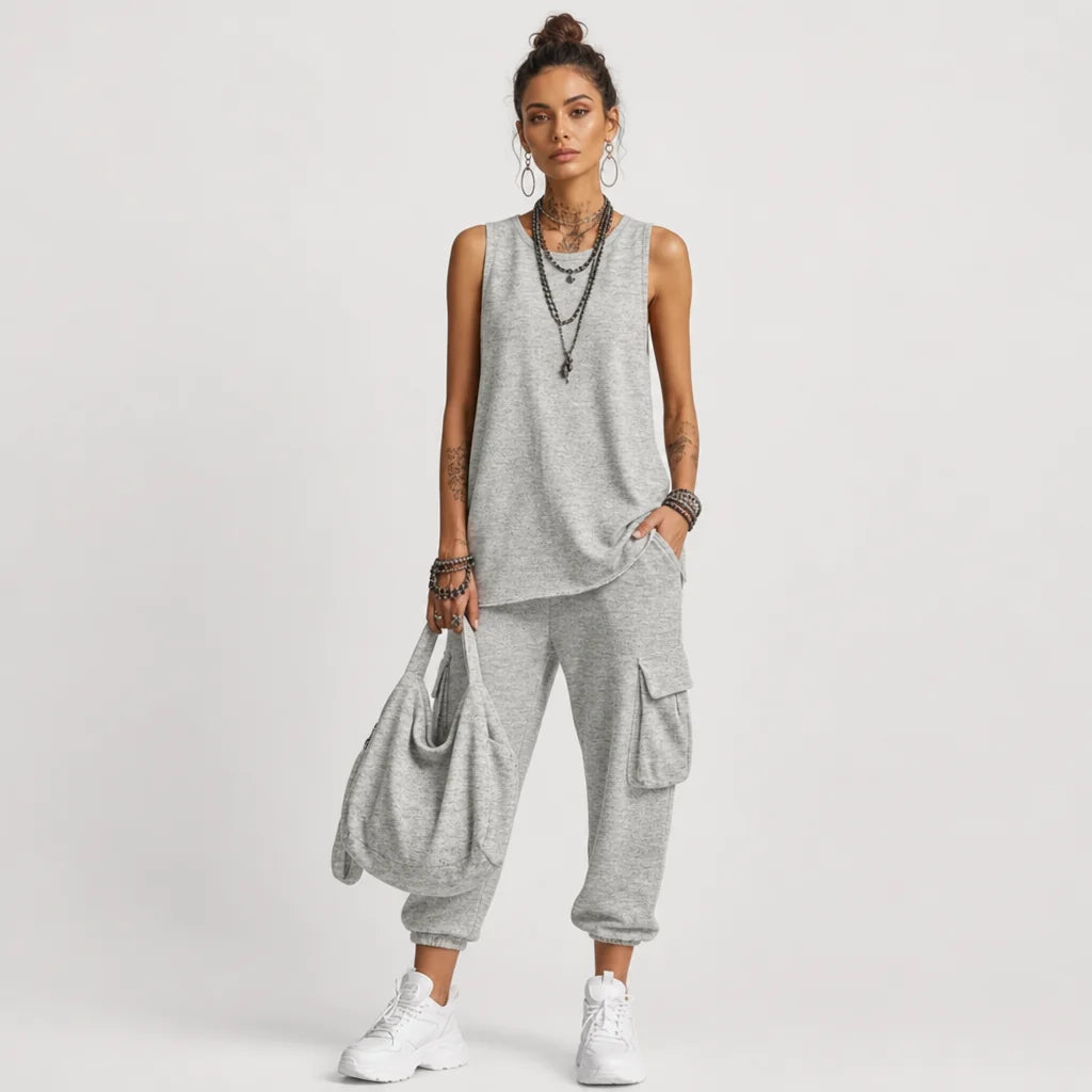 Women's Cotton Blend Casual Two Piece Set | Relaxed Sleeveless Top and Jogger Pants 2