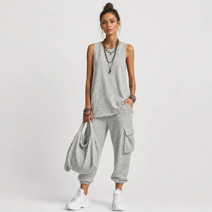 Women's Cotton Blend Casual Two Piece Set | Relaxed Sleeveless Top and Jogger Pants 2