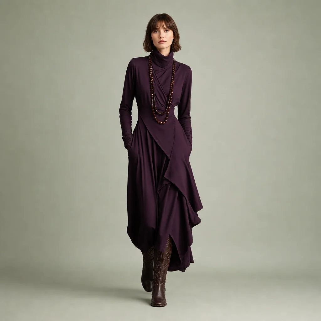 Women's Cotton Blend Maxi Dress | Relaxed Turtleneck Bohemian Style 0